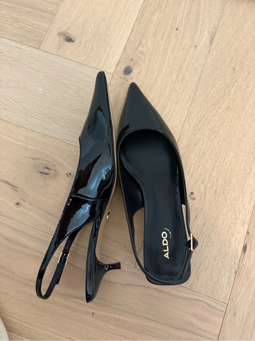 ALDO Black Patent Pointed-Toe Slingback Kitten Heels
